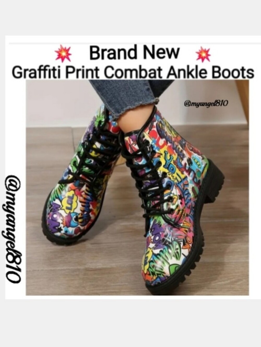 Graffiti Print Combat Ankle Boots, Size 43